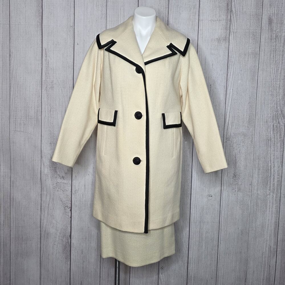 Vintage 1960s Joseph Stein Wool Skirt Suit Jackie O Cream Black Elegant
